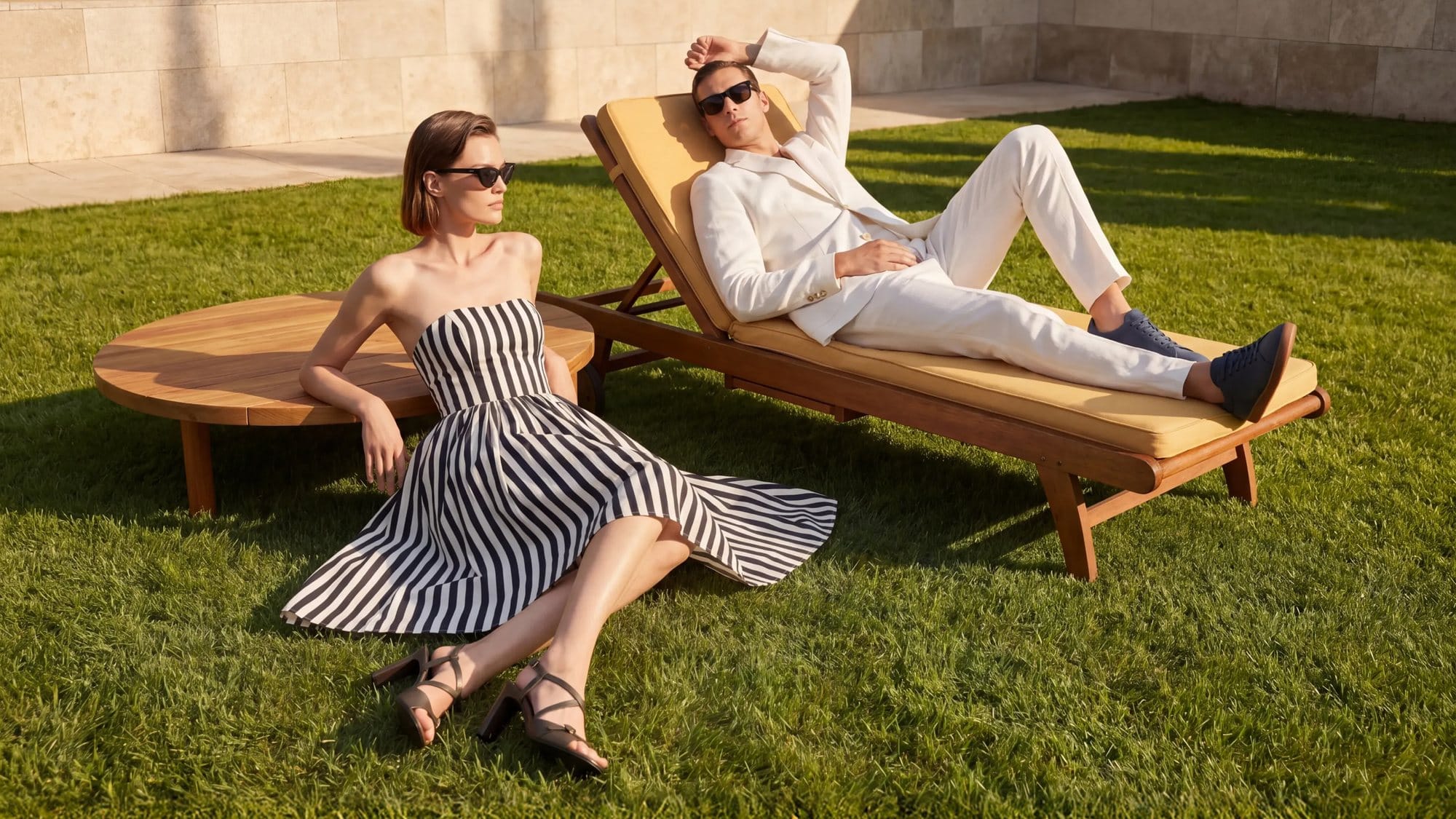 Woman in a striped dress and man in a white suit on a lounger in a garden
