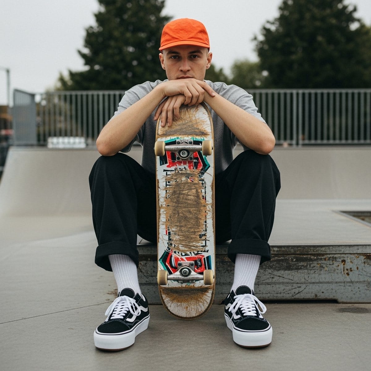 Skater in an orange cap holding a skateboard