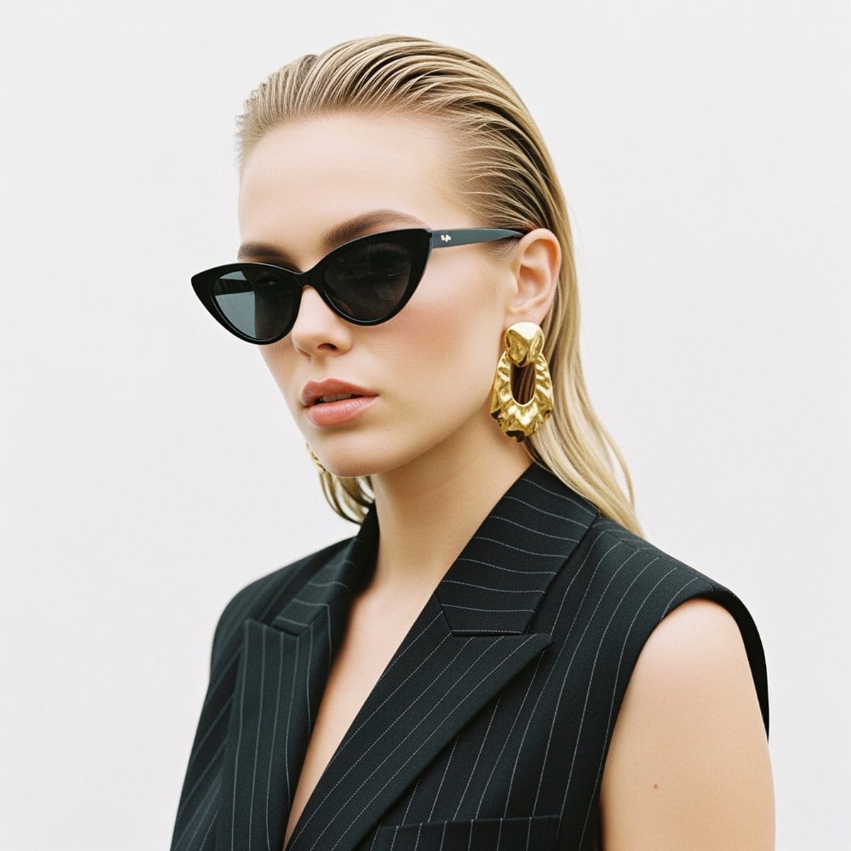 Blonde woman in cat-eye sunglasses and gold earrings