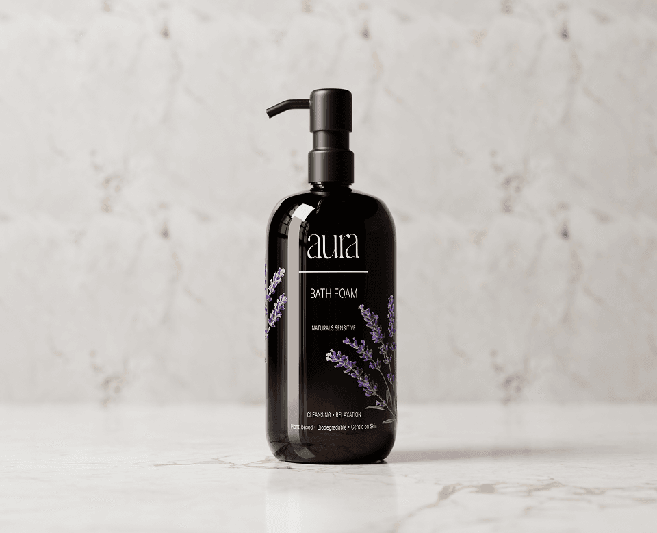 Aura branding: bath foam bottle packaging