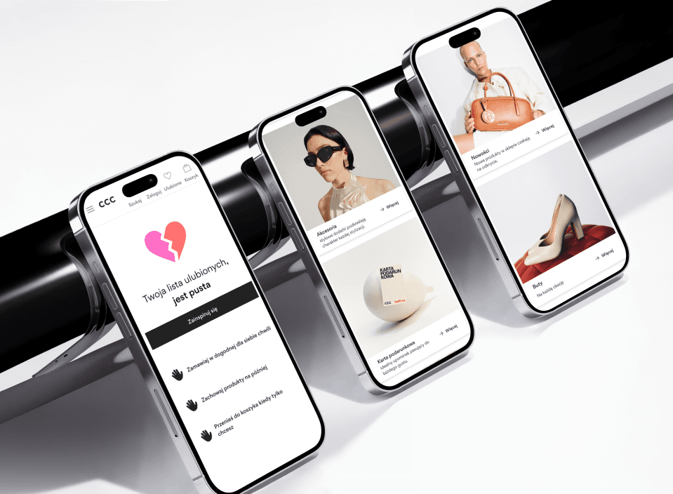 E-commerce project: shopping app screens on three phones